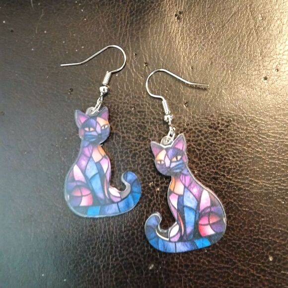 Stained Glass Acrylic CAT Dangle Earrings Cats Kitty Fun Blue Purple - Picture 5 of 5
